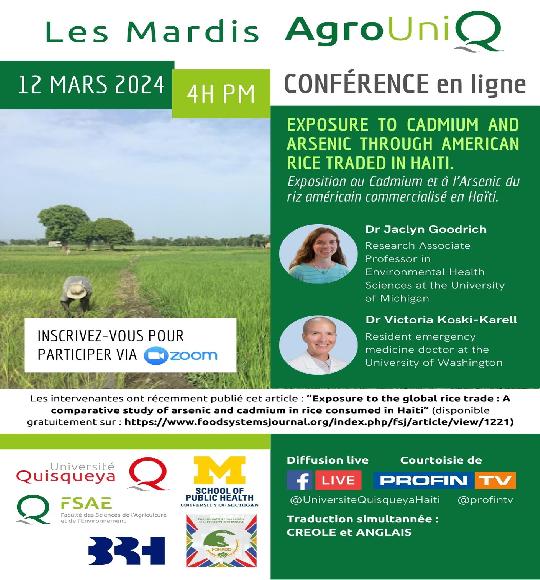 Mardi AgroUniQ sur le thème : Exposition au Cadmium et à l'Arsenic du riz américain commercialisé en Haïti.